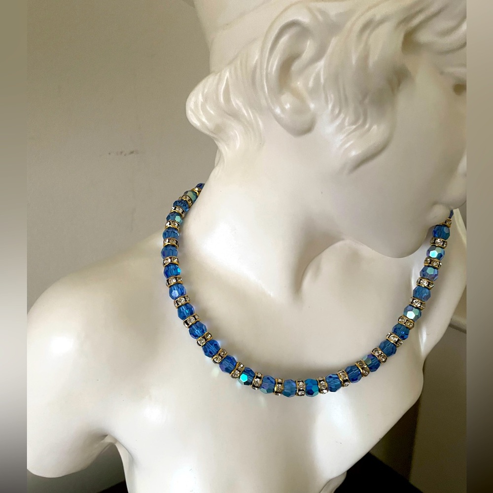 Swarovski medium blue AB crystals vintage choker necklace